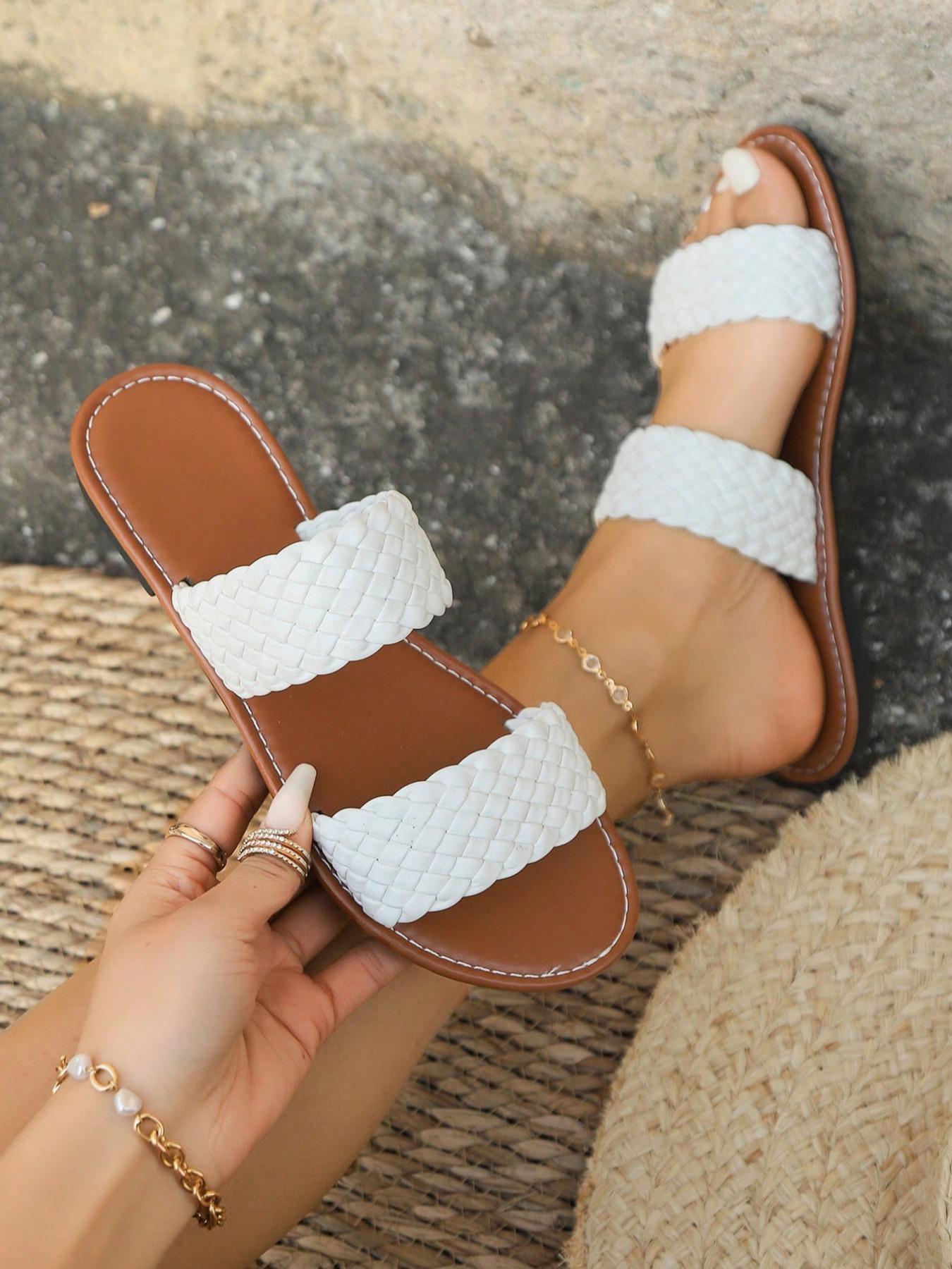 Women's Fashionable Woven Design Slide Sandals, Casual Comfortable Flat Sandals for Summer, Lightweight Breathable Slide Sandals for Beach Vacation, Footwear