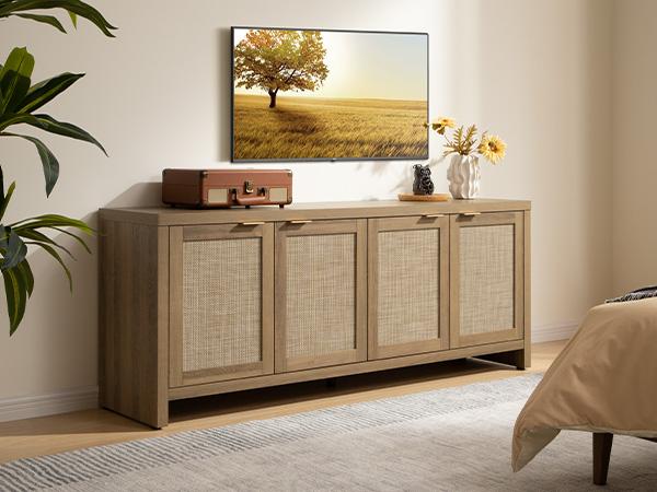 SICOTAS TV Stand for Living Room Boho Entertainment Center for Bedroom with 4 Rattan Cabinets Farmhouse Television Stands with Storage Large Wood Media Console Table for TVs up to 45 50 55 60 65 Inch