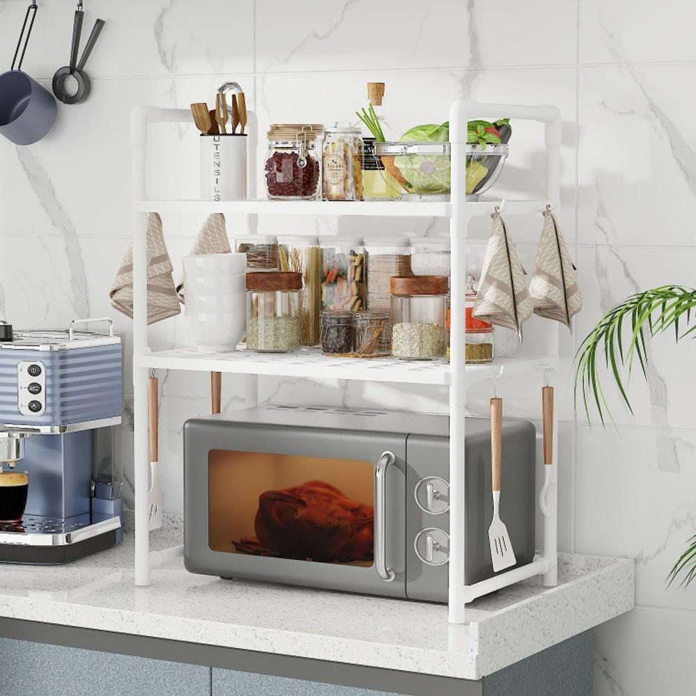 Multi-Functional Kitchen Storage Rack, Microwave Heightened Organizer, Thick Plastic Shelf for Spices & Dishes, Dual-Layer Design, Practical Hooks