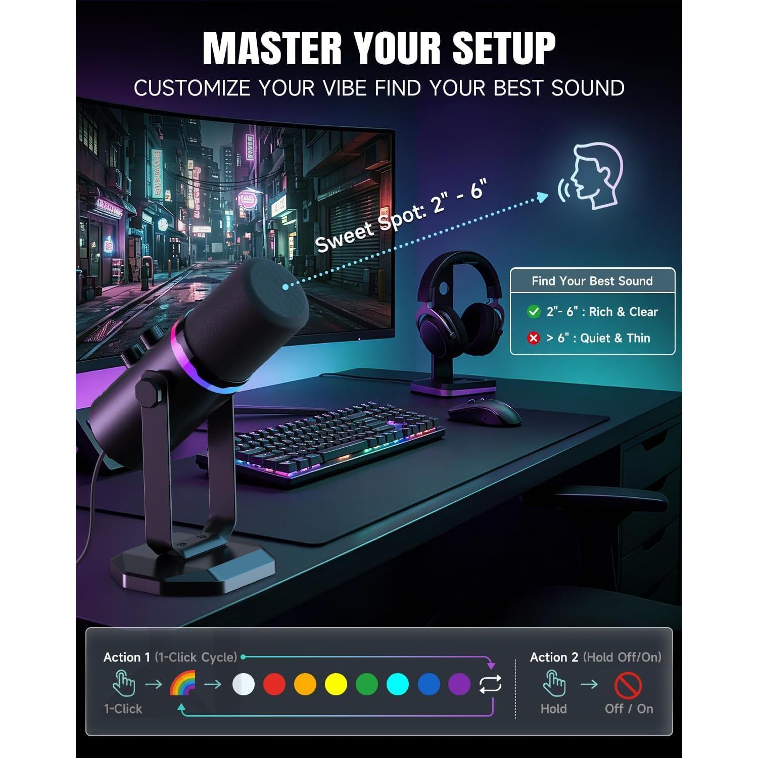USB/XLR Dynamic Microphone for PC Gaming, Podcast & Recording, Dual-Mode RGB Mic& Streaming Vocal Gear with Heavy-Duty Desk Stand, Clicky Mute, Includes 7.5ft USB  & 6.5ft XLR