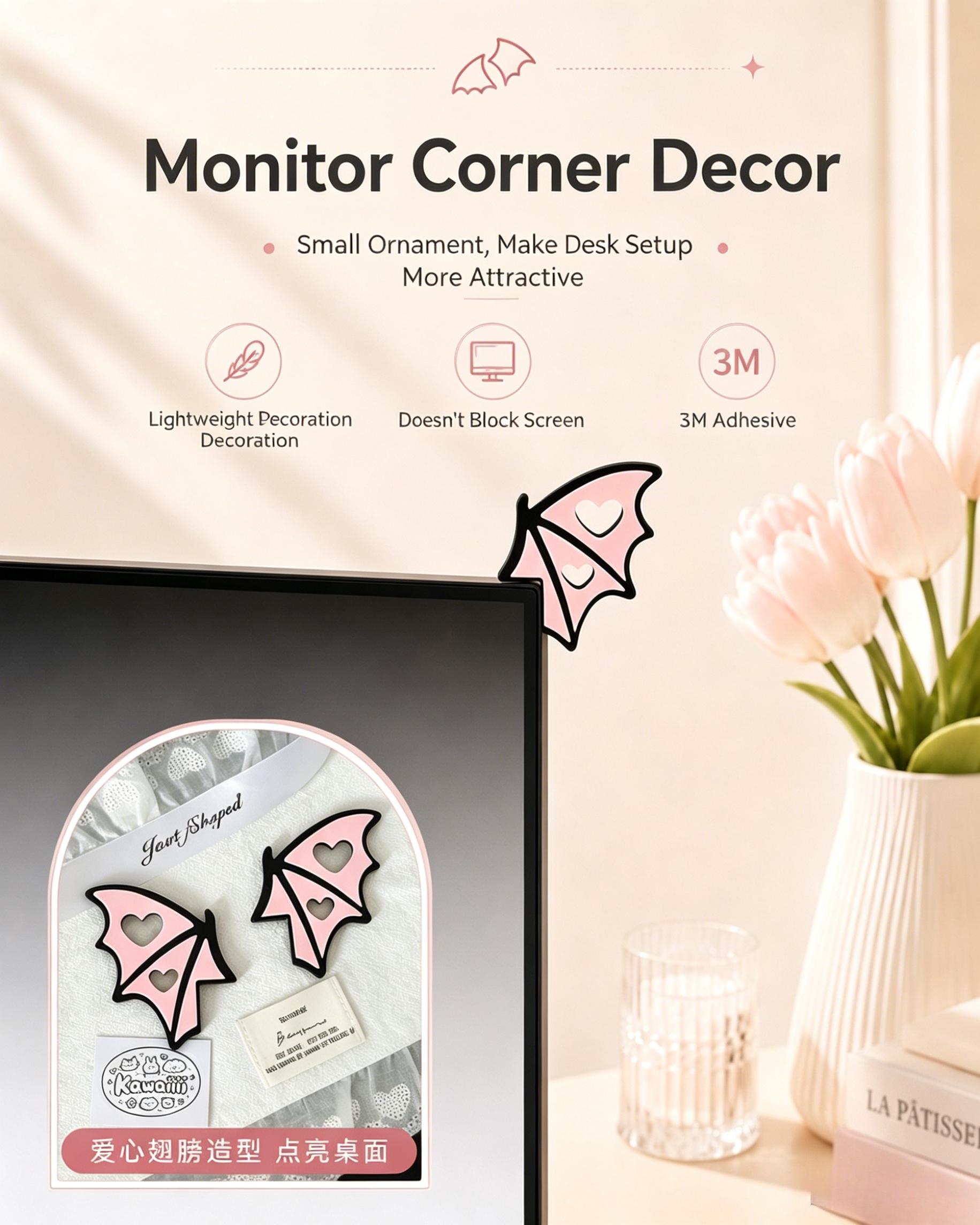 Gothic Bat Wings Screen Decor | Kawaii Gaming Setup Accessories | Cool Devil Wings for Computer & Car Screen | Spooky Cute Desk Aesthetic Ornament
