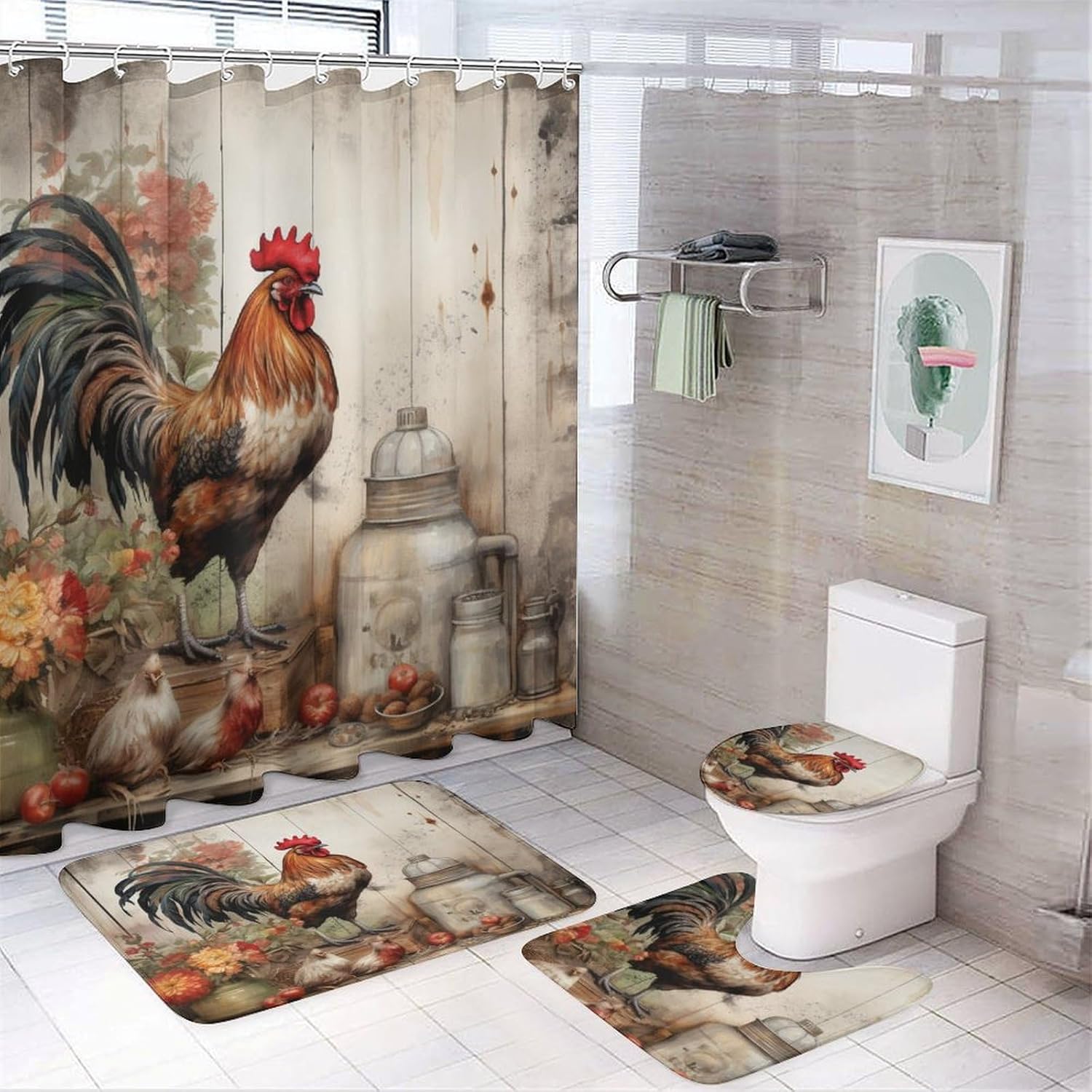It's Just Chicken Time Shower Curtain 4 Piece Set Bathroom Shower Curtain Set with Rugs Rooster Chicken Holiday Durable and Waterproof for Bathroom Decor