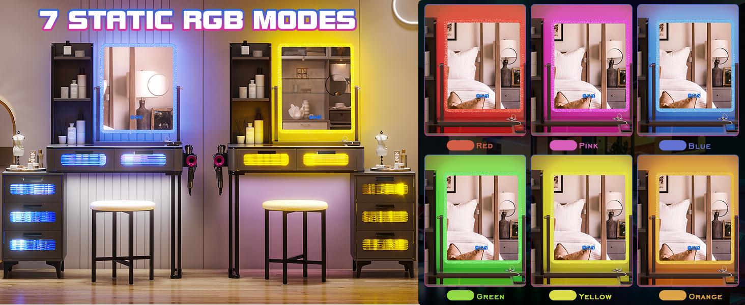 Vlsrka RGB Makeup Vanity Table with Wireless Charging Station, LED Vanity Make up with Visible Desktop,7 Dynamic and 7 Static Dimmable Vanity Table Set with 5 Drawers, Girls' Dream Vanity Furniture Organization Storage Modern Minimal Interior Vlsrka RGB Makeup Vanity Table with Wireless Charging Station, LED Vanity Make up with Visible Desktop,7 Dynamic and 7 Static Dimmable Vanity Table Set with 5 Drawers, Girls' Dream Vanity Furniture Organization Storage Modern Minimal Interior