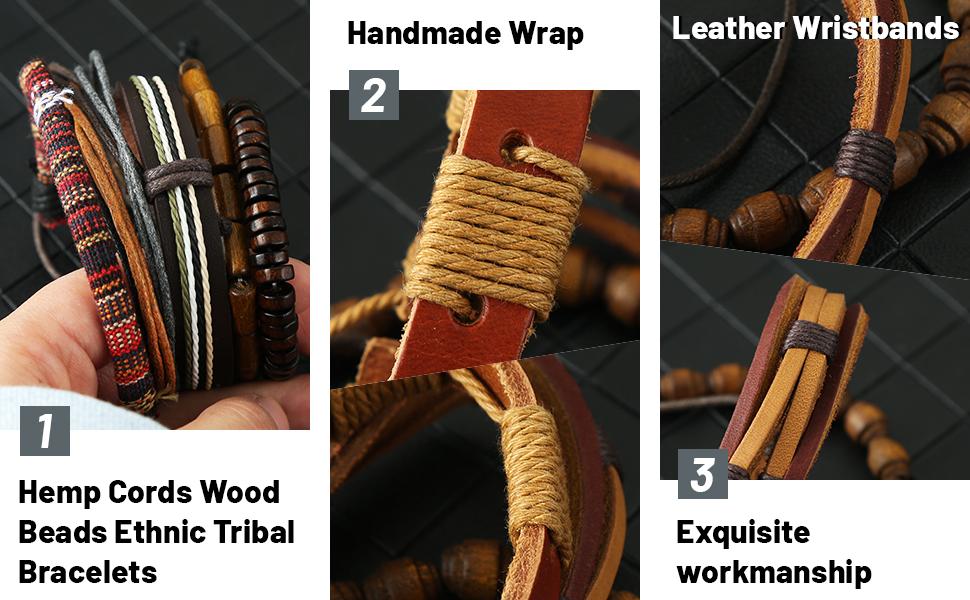 HZMAN Mix 5 Wrap Bracelets Men Women, Hemp Cords Wood Beads Ethnic Tribal Bracelets, Leather Wristbands Boho Style Jewelry Trendy Stack Bangle