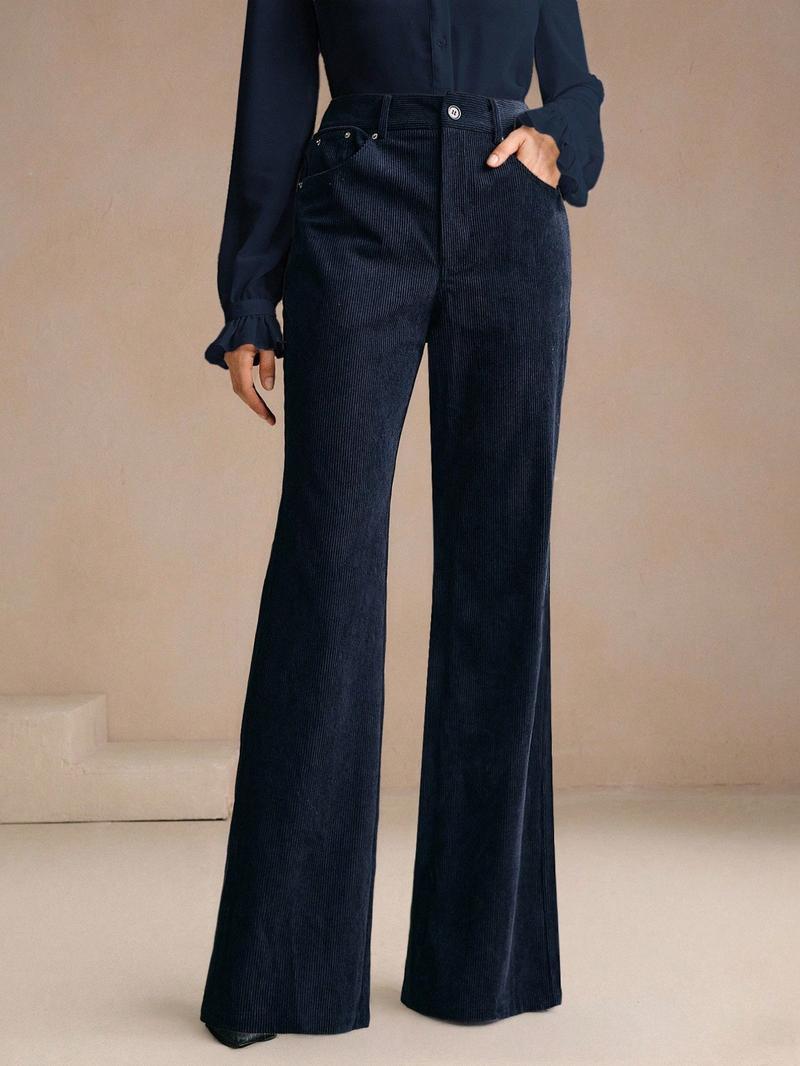 Women's Corduroy Rivet Pocket Flare Pants, Elegant Business Casual Style, Versatile Commuter Essential, Fashion Office Wear