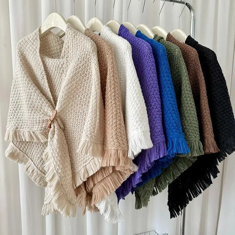 New Autumn and Winter Tassel Cape Shawl Korean Style All-match Thick Warm Neck Protection Solid Color Knotted Scarf