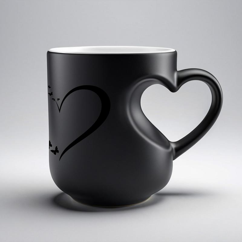 1pc 11Oz Ceramic Mug, Color Changing Mug, Black And White Color Changing Design, Heart-Shaped Handle, Butterfly and Heart Pattern Printing, Heat Sensitive Color, Perfect Gift for Coffee Lovers, Christmas Gift, Birthday Gift, Drinking Cup