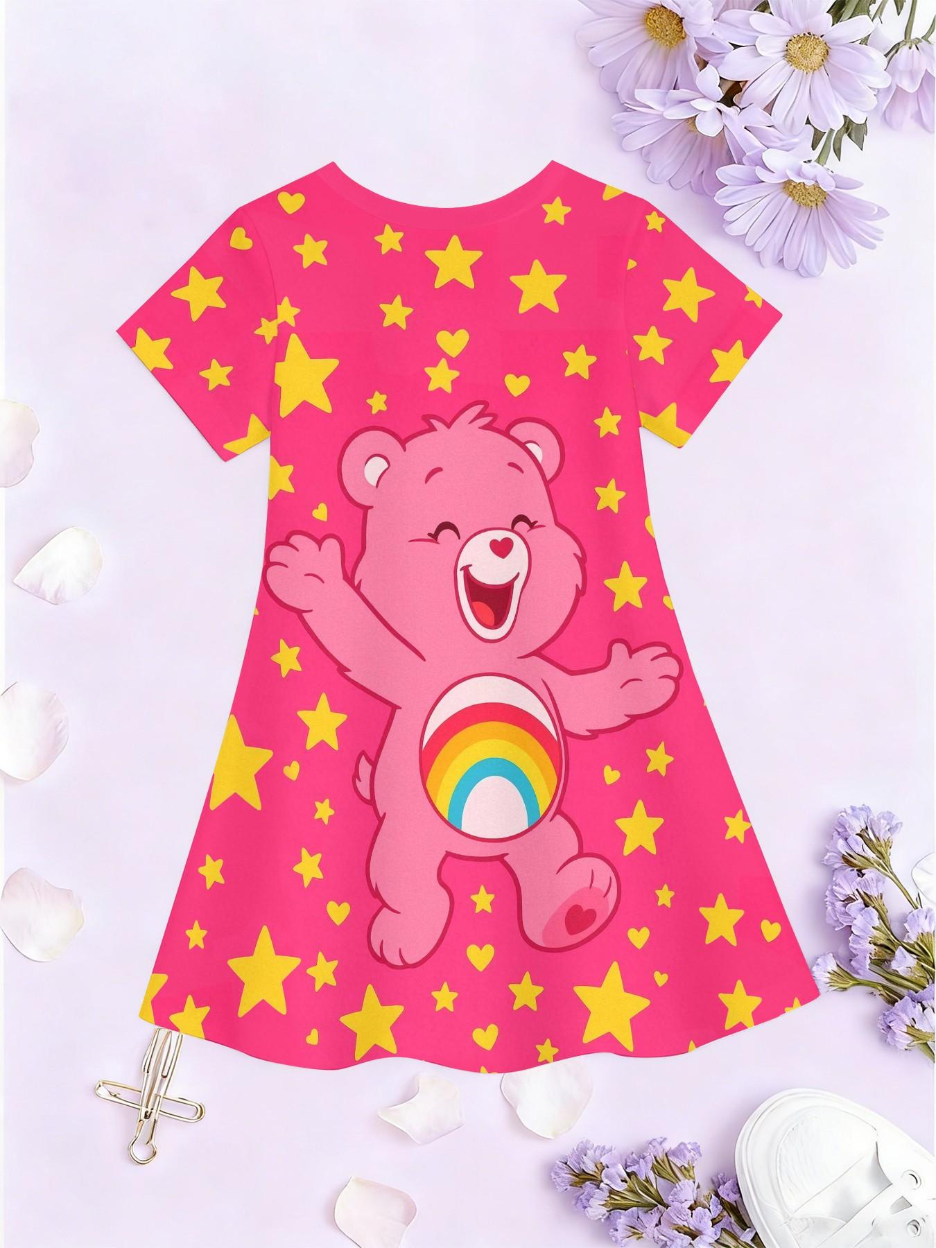 Girls' Heart Bear Cheer Bear Rainbow A-Line Dress, Cute Cartoon Short Sleeve Dress, Fashion Outdoor Wear, Birthday Gift, Holiday Gift