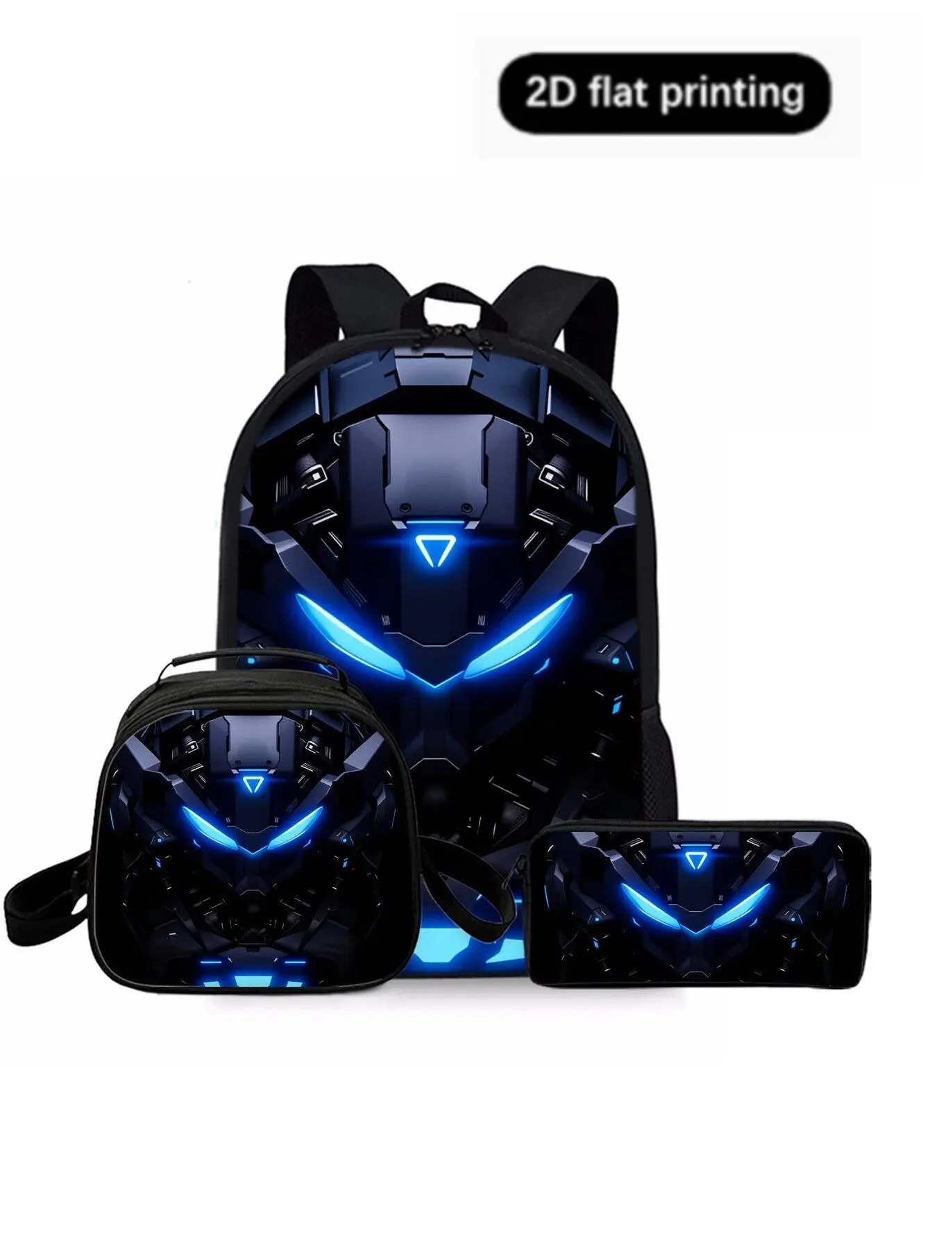 Robot Geometric 2D Print Backpack Set, Casual All-Over Print Design, Lunch Bag & Pencil Case Included, Perfect for Daily Use