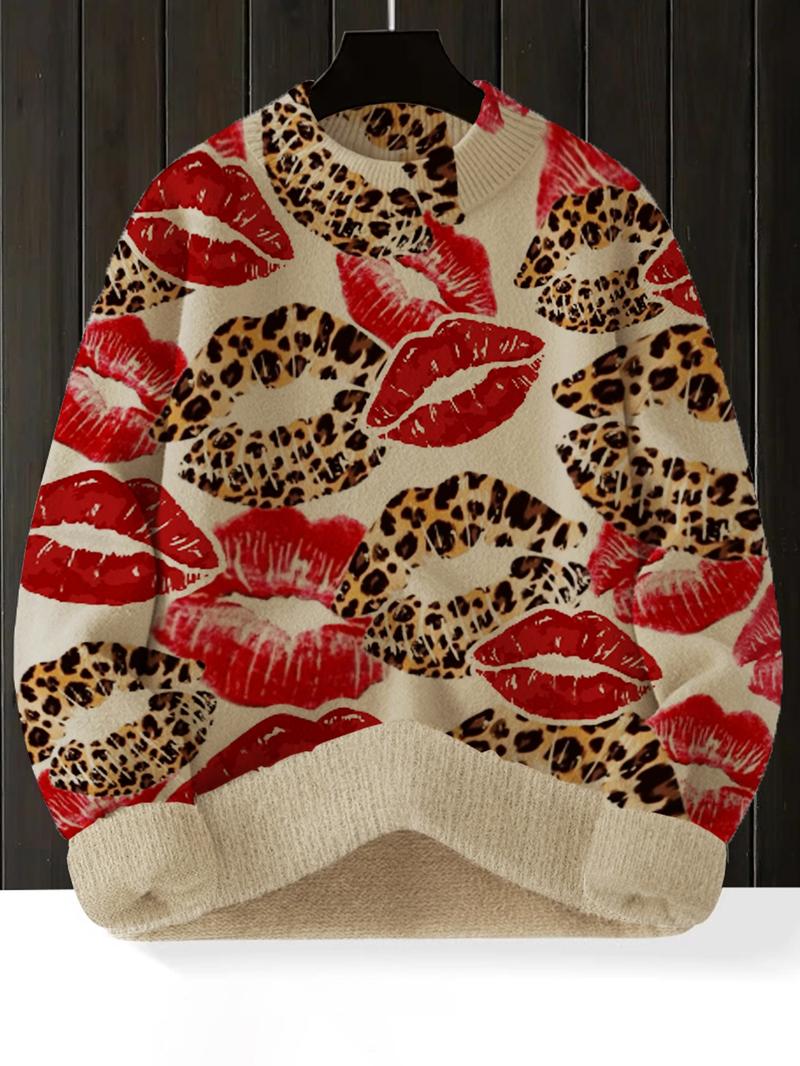 Women's Leopard Print Lip Design Mock Neck Sweater, Cozy Long Sleeve Knit Top for Fall & Winter, Casual and Versatile Women's Clothing