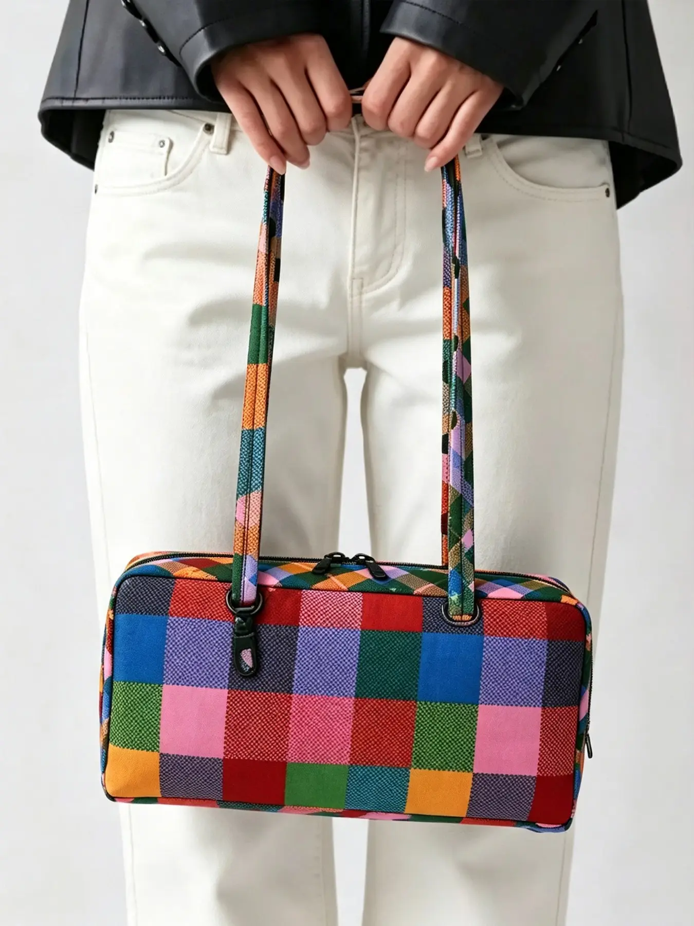Colorful checkered dopamine Boston women's Plaid shoulder bag, vintage rainbow chessboard underarm handbag, double zipper closure, Y2K dopamine style casual daily bread bag, autumn and winter fashion bag