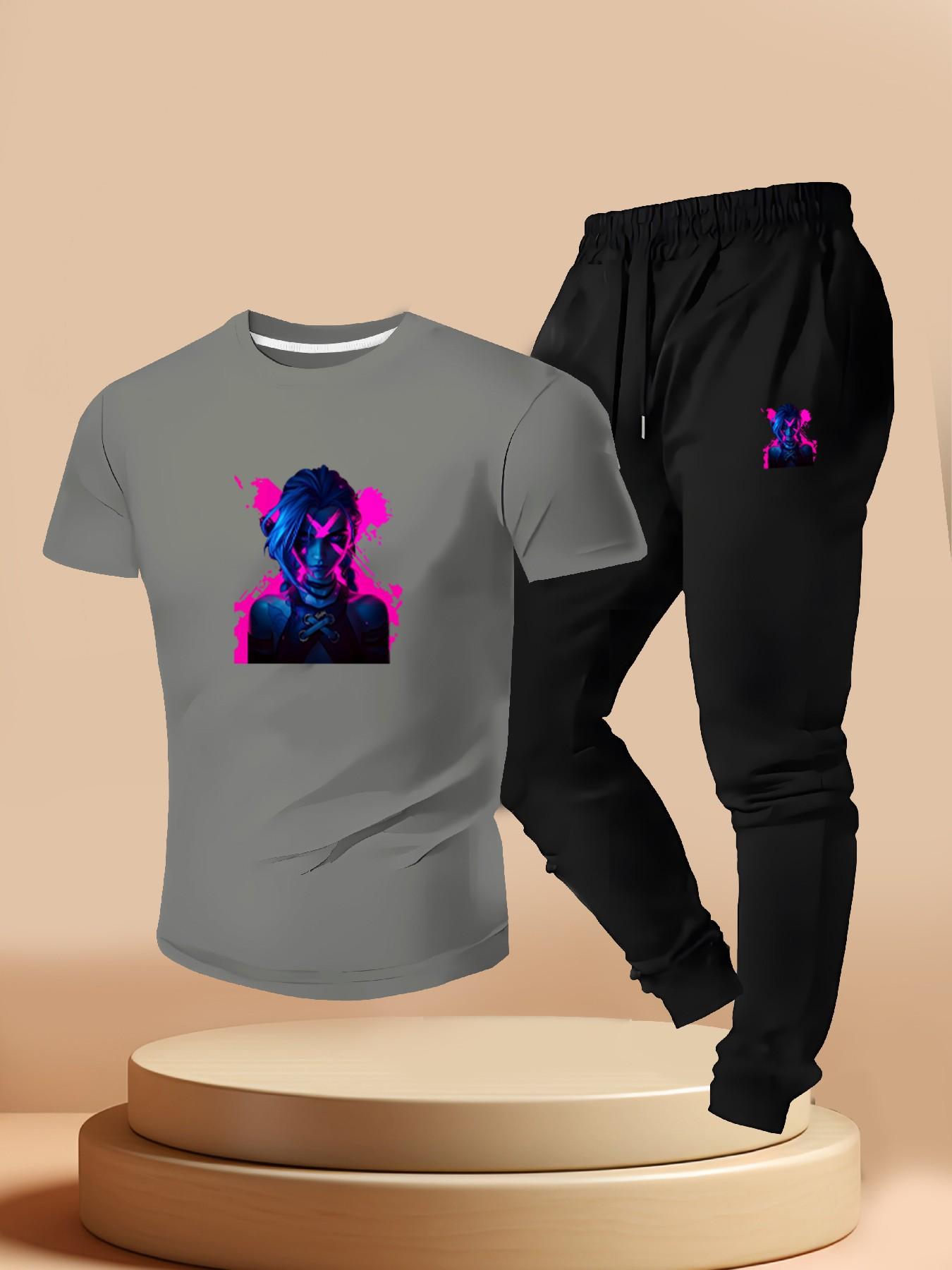 Cyberpunk Neon Gold Khione League of Legends Print, Casual Short Sleeve T-Shirt + Jogger Pants Set, Summer Gamer Style