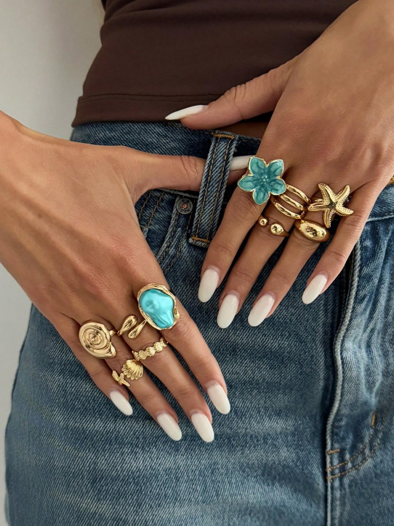 10 Pcs Boho Beach Starfish Ring Set, Boho Style Rings, Alloy Flower Stackable Finger Rings, Beautiful Rings, Party Jewelry, Gift for Holidays, Birthday and Beach