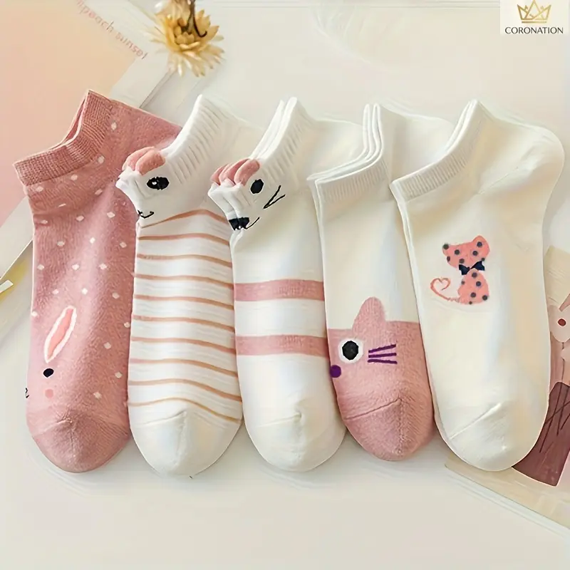5 Pairs Women's Cute Cat Print Socks, Aesthetic Cartoon Animal Pattern Crew Socks, Kawaii Style Soft Cotton Blend Socks with Breathable Stretch Fabric, Comfy Everyday Casual Socks for Home, Work, School, Travel & Gift Ideas