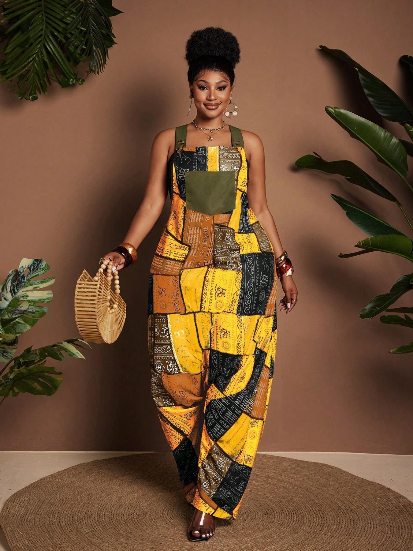 Plus Size Patchwork Print Sleeveless Loose Harem Pocket Jumpsuit, Comfortable and Stylish Design, Perfect for Casual Wear