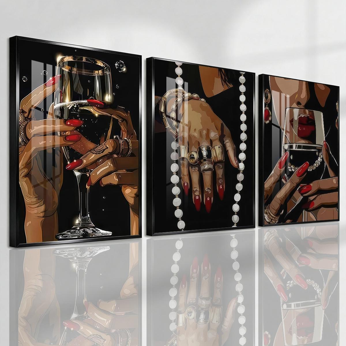 3 Counts Aluminum Alloy Framed Painting, Elegant Woman Hands With Wine Glass And Jewelry Pictures, Home Decoration For Living Room, Bedroom, Office, Restaurant, Hallway Wall Decor, Odorless Print Artwork, Luxury Perfect Gift For Friends And Family