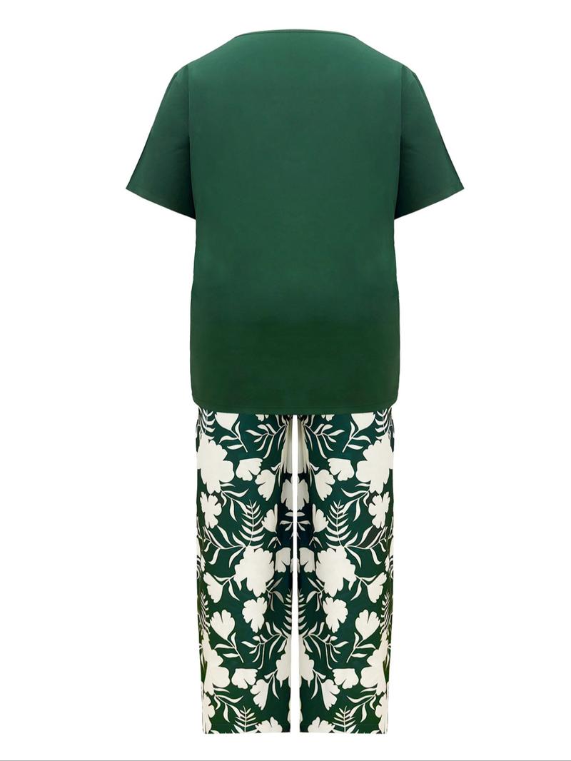 Women's Spring Summer Round Neck Loose Fit Top and Printed Long Pants Casual Set, Comfortable and Stylish for Daily Wear