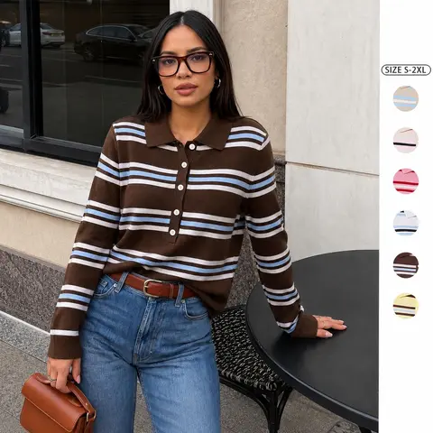 Imily Bela Women's Striped Polo Sweater Button Front Pullover Top Casual Fall Oversized Long Sleeve Knit Tops
