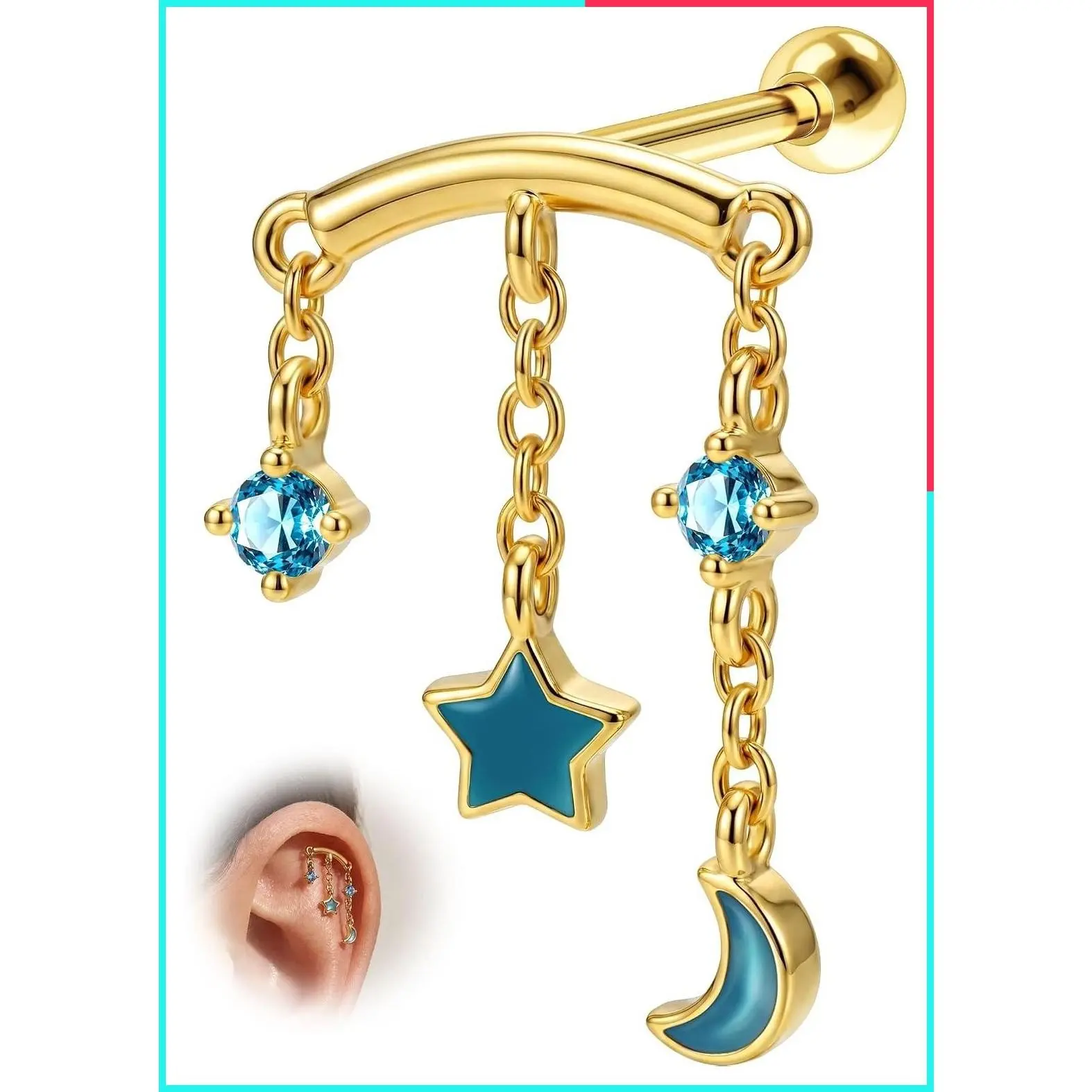 16G Stainless Steel Hidden Vertical Helix Piercing Earrings with Star Moon CZ Gem Dangle for Cartilage Lobe, Women Men Jewelry