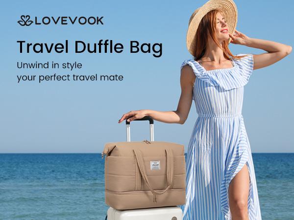LOVEVOOK Travel Duffle Bag for Women, 3Pcs Puffer Large Weekender Overnight Bag with Shoe Compartment, Water Resistant Gym Duffel Bag, Carry on Bag for Hospital Delivery with Toiletry Organizer TikTokShopStockUp