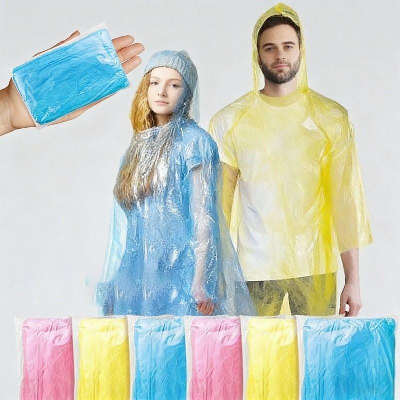 4pcs Universal Compressed Waterproof Rainproof Hooded Outdoor Raincoat, High-Quality Pe Material, Portable Pocket Design, Ideal for Hiking/camping/fishing, Windproof Solid Color, Random Colors, Adult Emergency Rain Gear