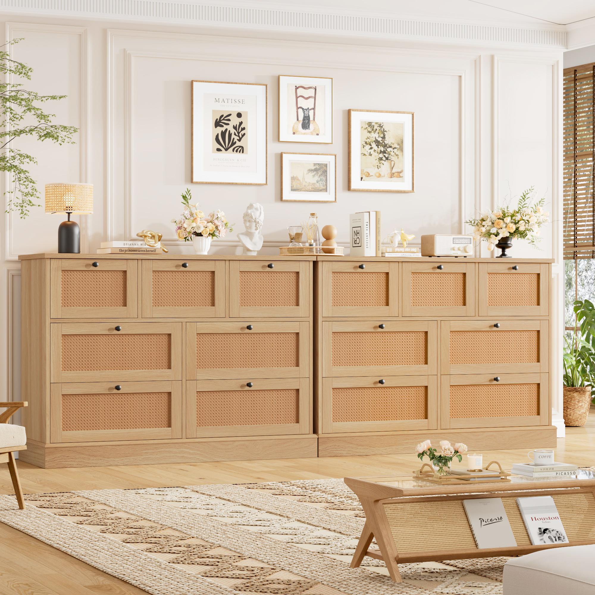 FOTOSOK White Dresser Rattan Dresser, 7 Drawer Dressers Boho Chest of  Drawers with Gold Handles summervibes - TikTok Shop