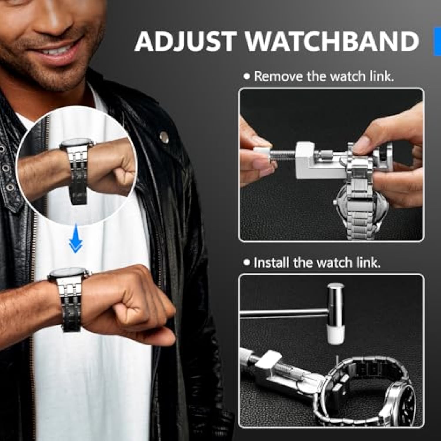 JOREST Watch Repair Kit + Watch Press Tool, Battery Replacement, Strap Adjustment, Wrench Opening Back Cover, Case Opener/Closer, Link Remover Sizing Bracelet, Screwdriver Band Pin Removal, Spring Bar
