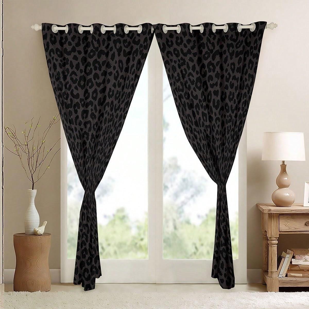 2 pieces of stylish black leopard print curtains with punched holes, made of semi-transparent polyester fabric, suitable for window decoration in home living rooms, bedrooms, balconies, kitchens, studies, and bathrooms, easy to clean.