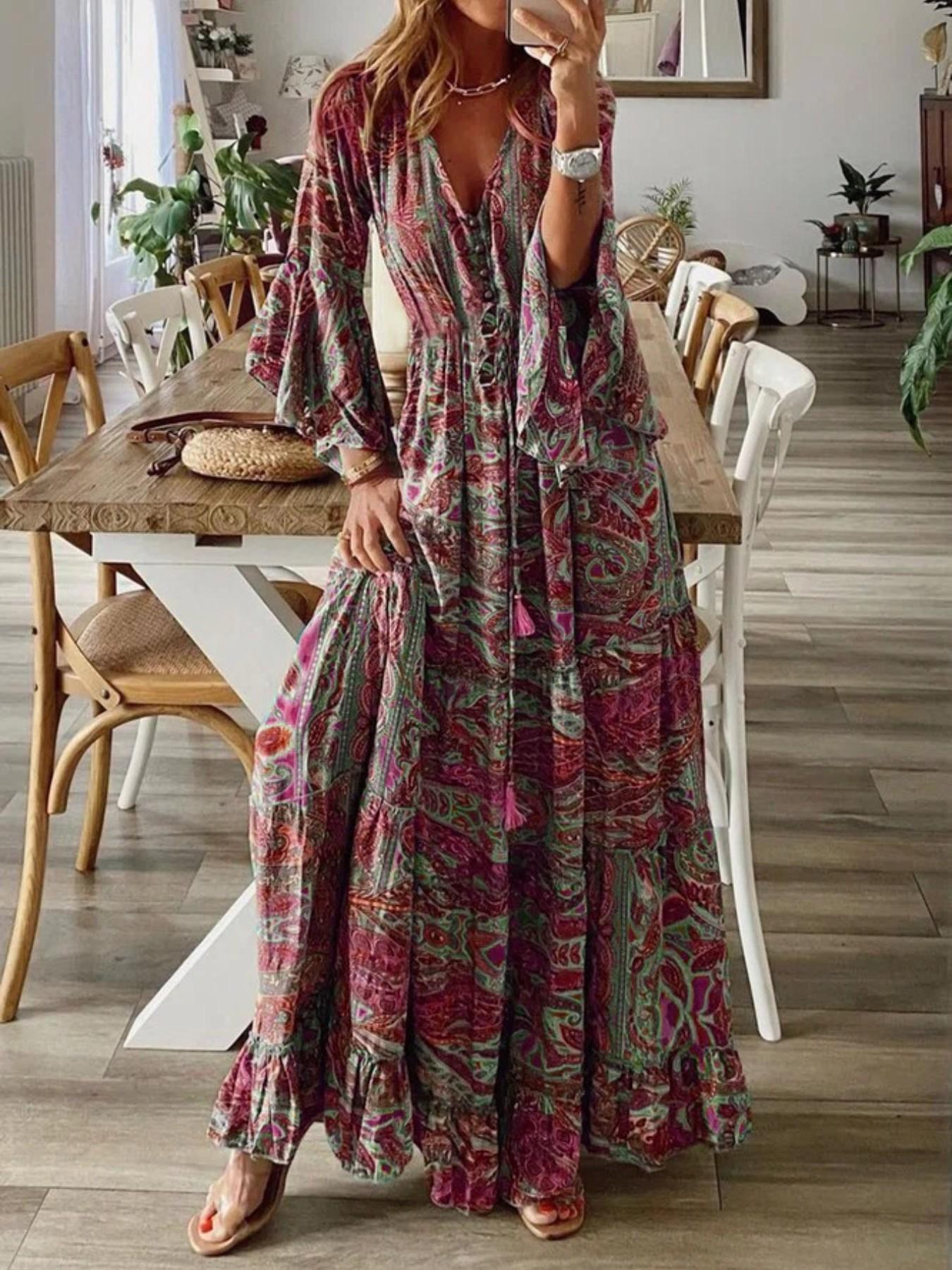 2026 Spring Summer New Bohemian Style Flare Sleeve Print V-Neck High Waist Fit Vacation Dress, Floral Long Dress for Women, Boho