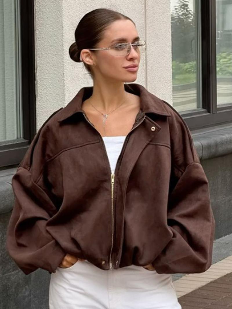 Women's Cropped Suede Jacket Demi-Season Bomber Jacket Female Outerwears Street Long Sleeve Oversized Black Brown Green Red Jacket Woman Fashion Zip Up Short Coat