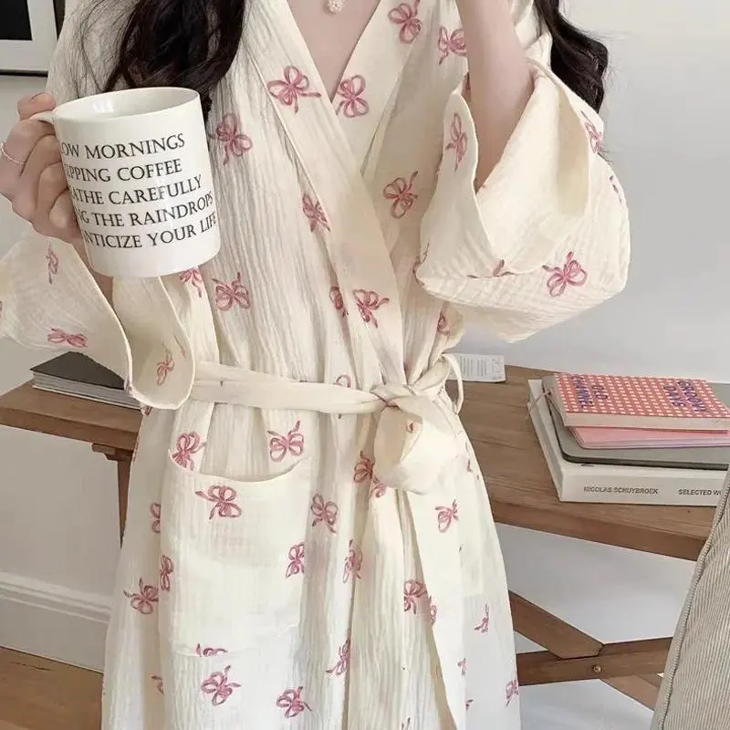 New Arrival Women's Spring/Autumn Korean-Style Simple Comfortable Nightgown Pink Bow Casual Loose-Fit Loungewear Nightdress