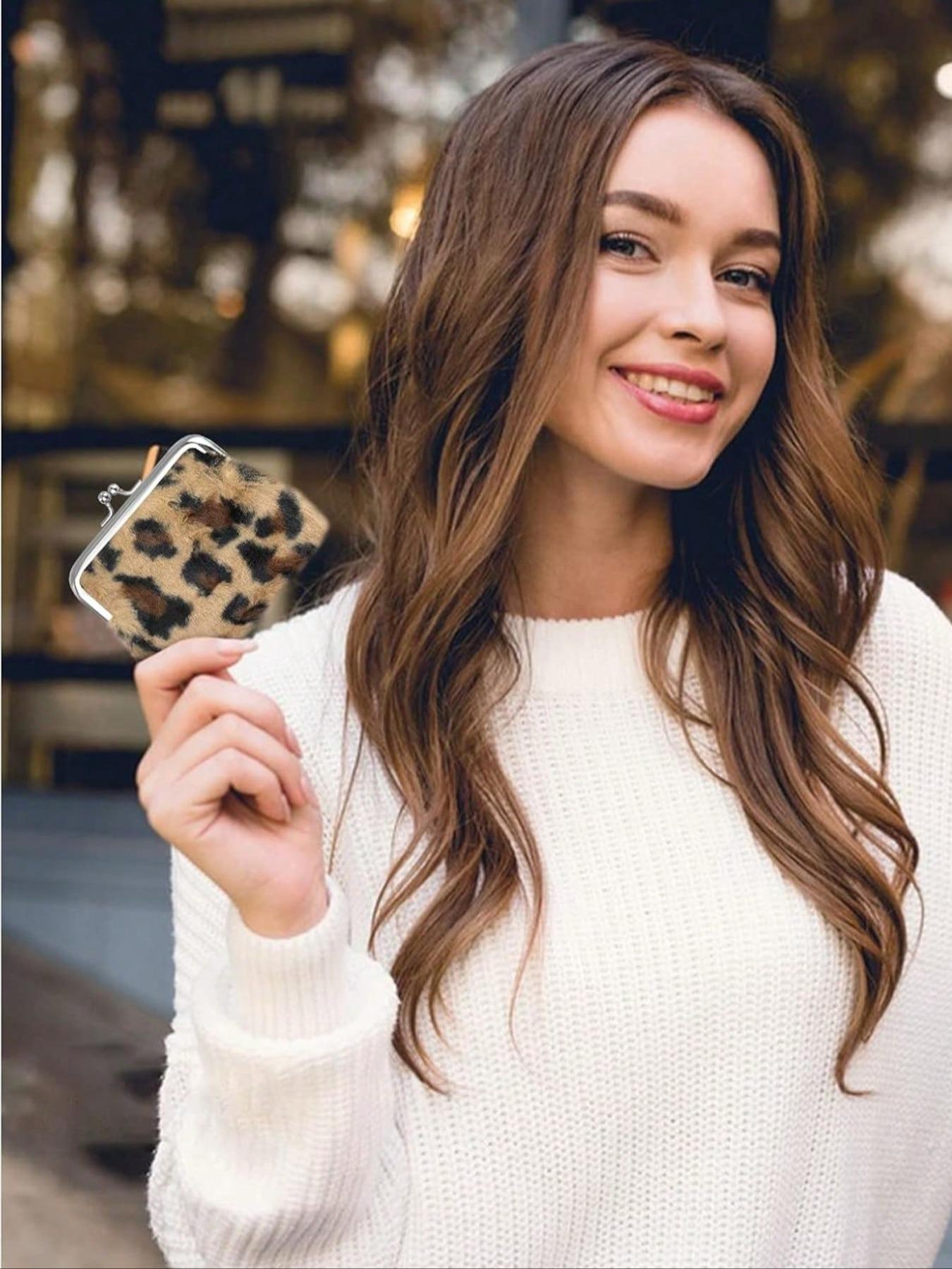 Plush Coin Purse, Short Plush Money Bag, Leopard Print Design, Women/girls Use, Multifunctional Portable Wallet, Durable Faux Leather Handbag, Stylish Wallet