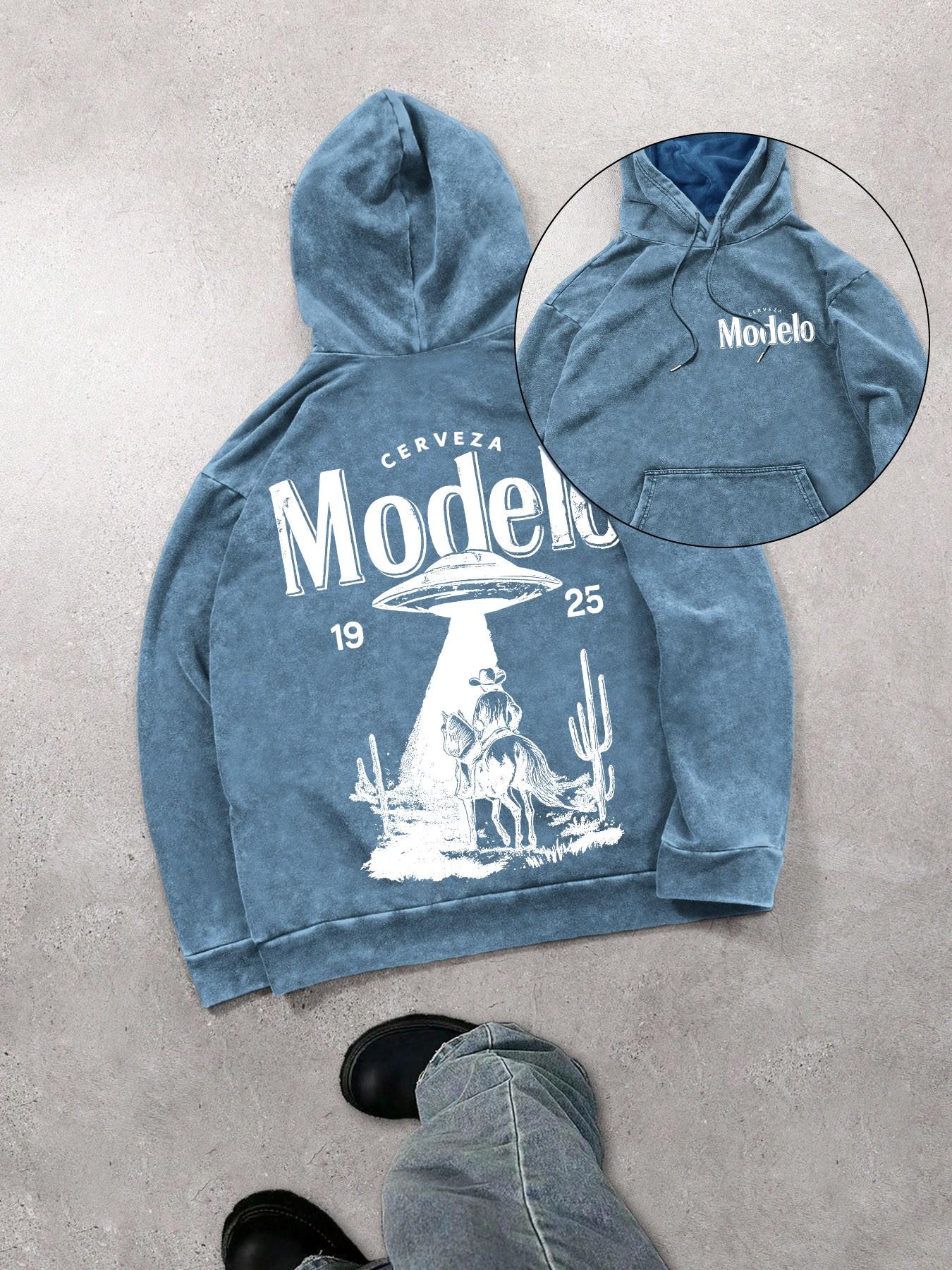 Mexican beer and UFO men's street retro style washed hooded sweatshirt, fashionable and trendy casual long-sleeved hoodie, men's spring and autumn style.