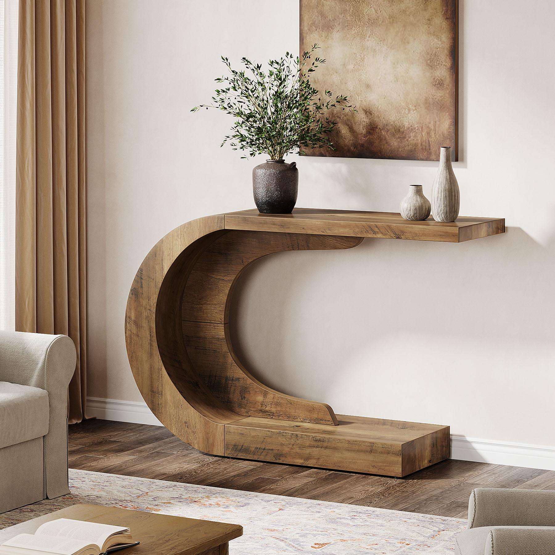 LITTLE TREE 43.3" Mid-Century Modern Console Table for Entryway, Wood C-Shaped Hallway Entry Accent Table for Living Room, Entrance, Foyer, Easy Assembly