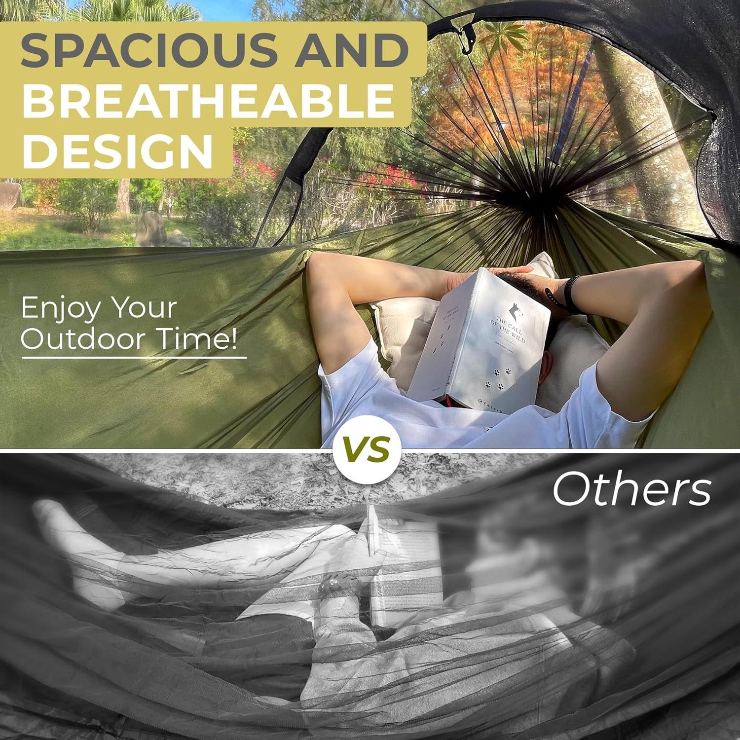 Camping Hammock -Portable Hammock w/Spacious Net & Tree Straps w/Adjustable Loops, Double and Single Hammock for Outdoor, Indoor, Hiking and Travel