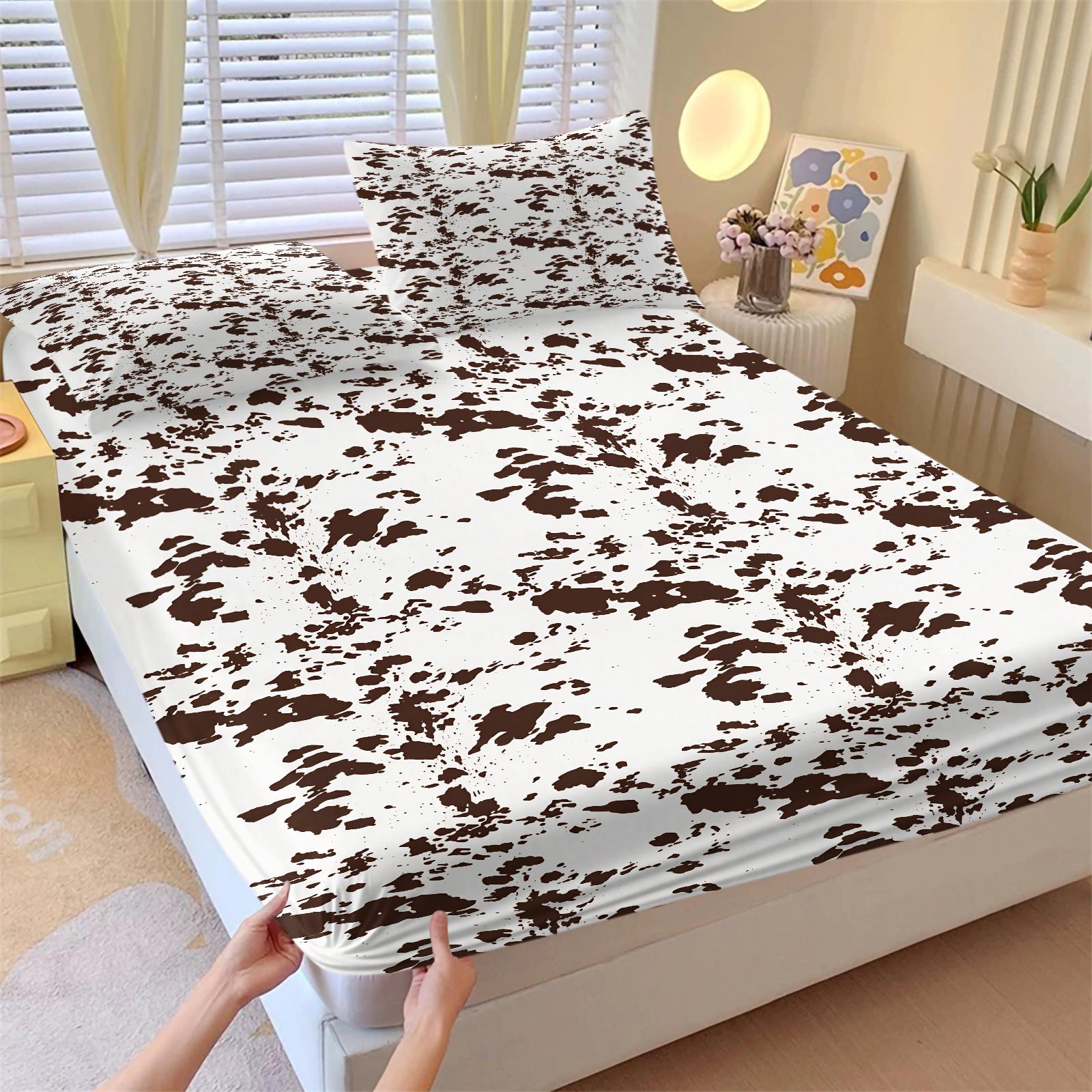 3Pcs Western Aztec Cow Print Fitted Sheet Set with 2 Pillowcases, Southwestern Turquoise Geometric Deep Pocket Elastic Mattress Cover, Boho Cowhide Tribal Bedding, Soft Microfiber Non-slip Bedspread, Printed Bedding Set for Bedroom Decor Bedset