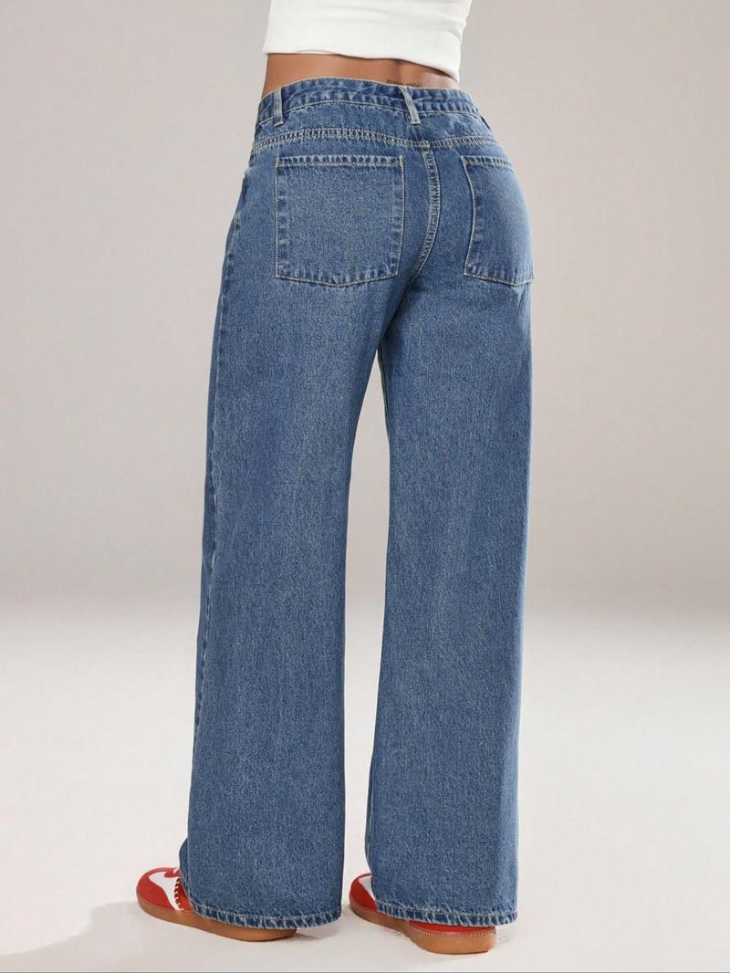 Women's Mid-Waist Wide Leg Straight Jeans, Trendy Coffee Casual Fashion, Zipper Fly, Pockets, All Seasons Women's Mid-Waist Wide Leg Straight Jeans, Trendy Coffee Casual Fashion, Zipper Fly, Pockets, All Seasons