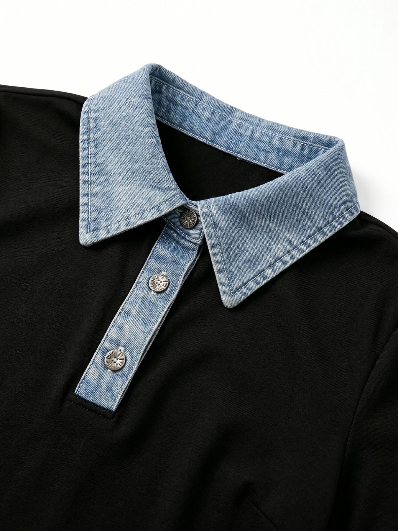 Summer New Holiday Patchwork Blue Woven Polo Neck Short Sleeve Women's Top, Casual Stylish and Comfortable Ladies' Shirt