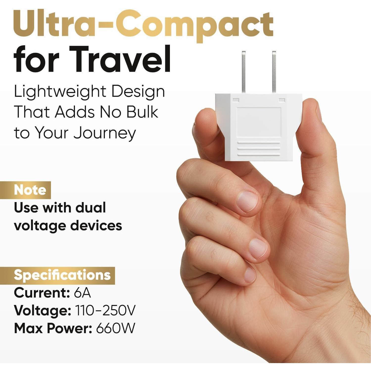 Small European to  Outlet Plug Adapter, EU to  Adapter, Universal Input /Asia to / Travel Power Plug Adapter, 1-Pack, White