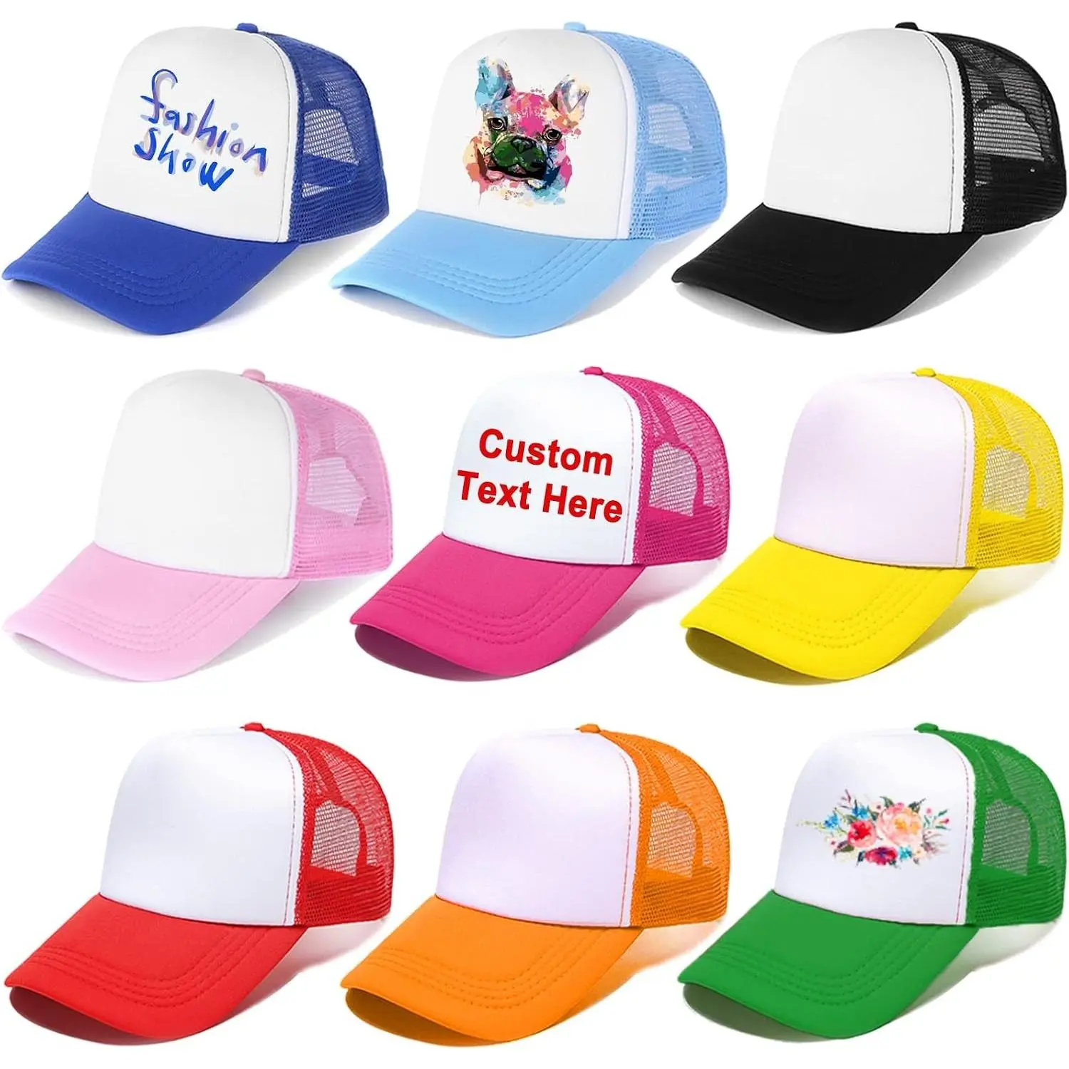 9 Pack Sublimation Blank Mesh Trucker Hats - Summer Baseball Caps for Adults & Youth, Multi Color, Bulk DIY Plain HatGift
