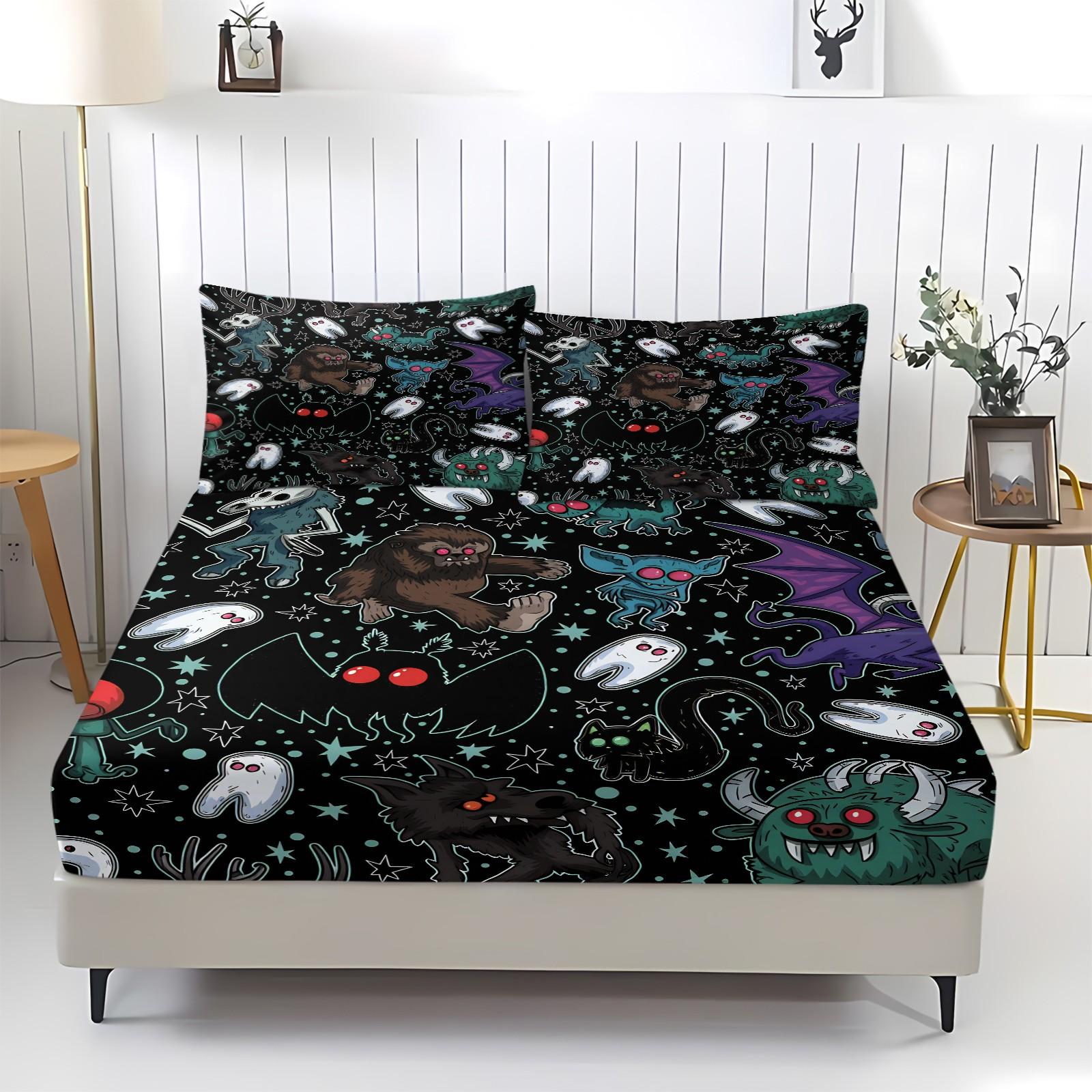 Cartoon Spooky Monster Bat Ghost Fitted Sheet Set, 1 Fitted Sheet + 2 Pillowcases, Deep Pocket Non-Slip Mattress Protector, Soft Comfy Breathable All Season Bedding, Gothic Halloween Creature Print Decorative Bedding Set For Teen Goth Bedroom Decor