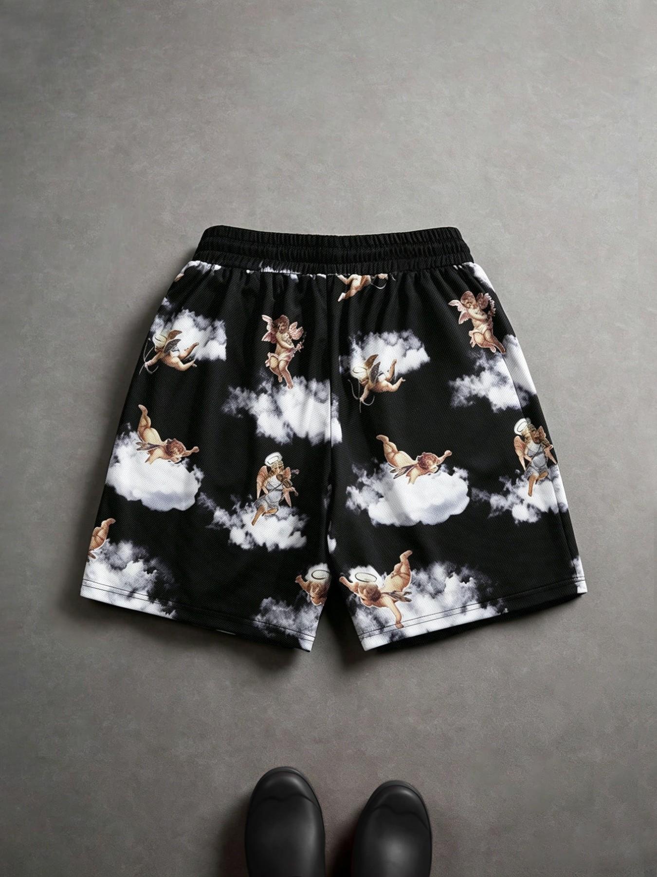 Men's Summer Shorts, Breathable Angel Sports Pants, Loose-Fit Casual Shorts, Street Style Graphic Pattern, Comfortable and Stylish