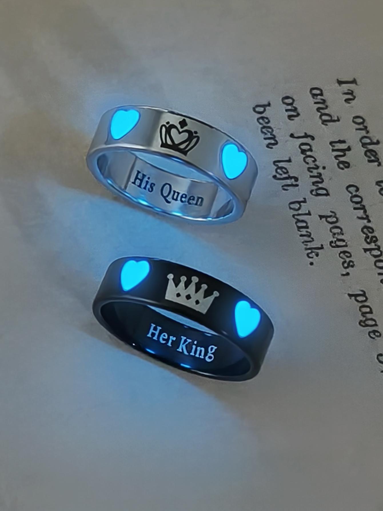 2 Pcs Glow-In-The-Dark Heart Crown Couple Ring Set, King Queen Alphabet Design, Ace Block Pattern, Fashion Jewelry for Women, Valentine Gift, Beautiful Rings, Fashionable Jewelry