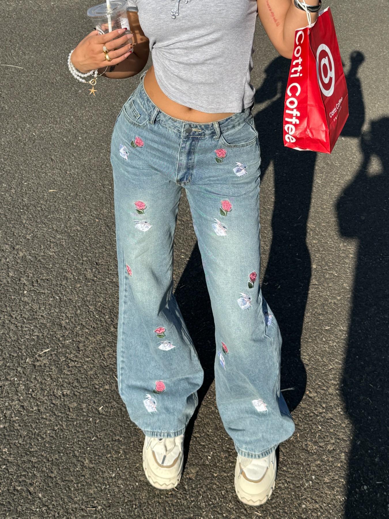 Women's Wide Leg Jeans, Loose Straight Fit, Embroidered Rose and Rabbit, Y2K Street Style, All Seasons, Elegant Plain Design