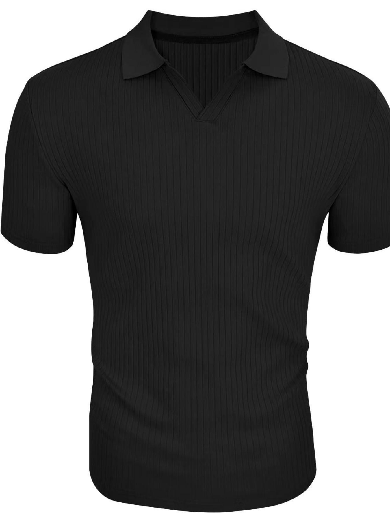 Men's Ribbed Knit V-Neck Polo Shirt, Casual Short Sleeve Top, Ideal for Golf, Office, Daily Wear, Comfortable and Stylish