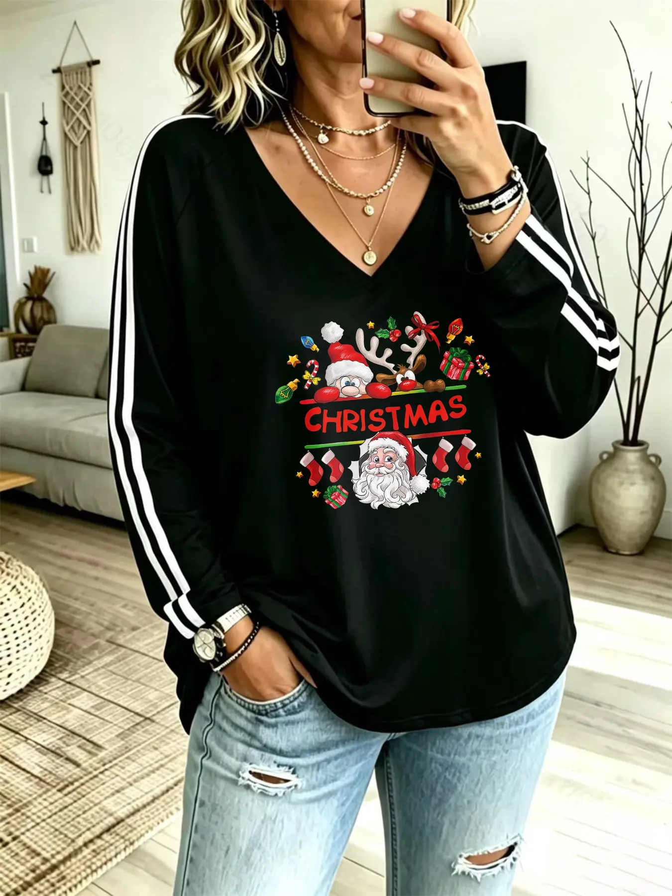 Plus Size Women V Neck 1XL-8XL Double White Stripe Design Long Sleeve T-Shirt Christmas Santa Claus Reindeer Stocking Print Casual Holiday Party Wear Top