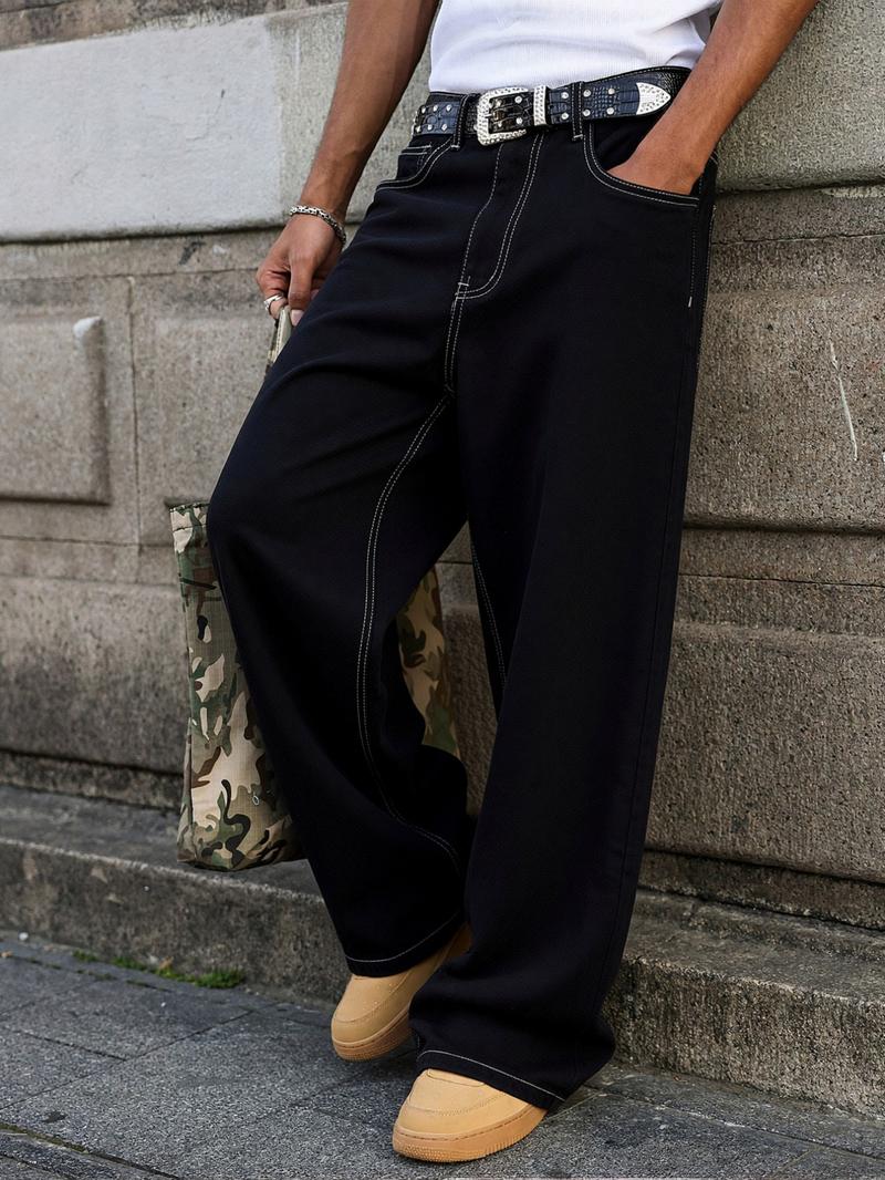 Men's American Vintage Wide Leg Straight Jeans, All-Season Distressed Denim Jeans, Casual Loose-Fitting Streetwear