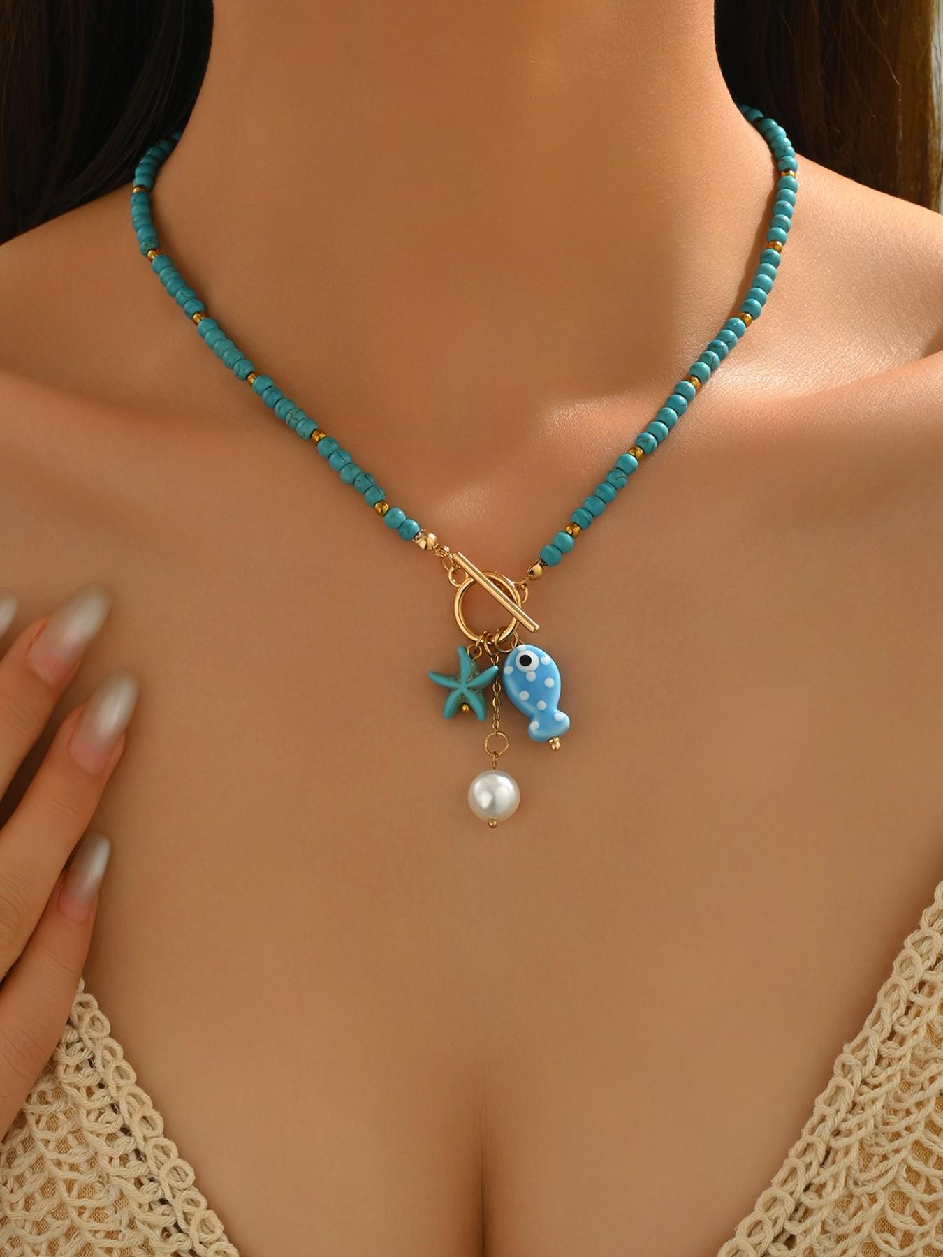 Summer Ceramic Fish Starfish Tassel Pearl Beaded OT Buckle Charms Necklace, Cute Summer Jewelry, Perfect Gift for Women and Girls