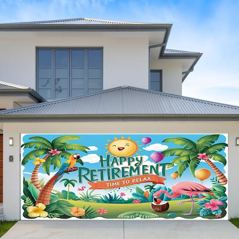 1pc Happy Retirement Party Banner - Vibrant Tropical Design with Palm Trees, Flamingos & Parrots - Durable Polyester Photo Backdrop for Indoor/Outdoor Celebrations - All-Season Home Wall Decor