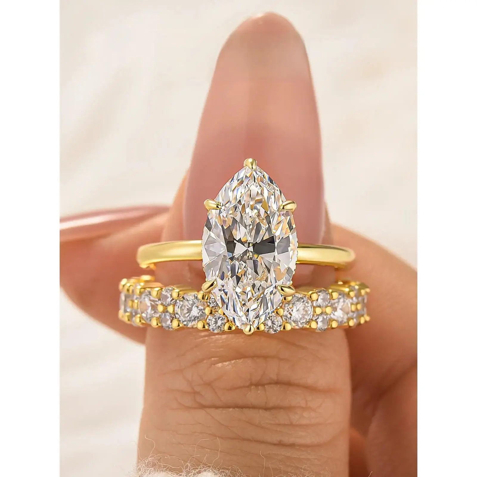 Maxine 3.0Ct Unique Marquise Cut Engagement Ring Set,Tarnish-free 14K Gold-Plated Affordable Wedding Ring Set, Women's Bridal Jewelry,Suit for Daily,Travel,Proposal,Birthday,Anniversary, Marriage Ring